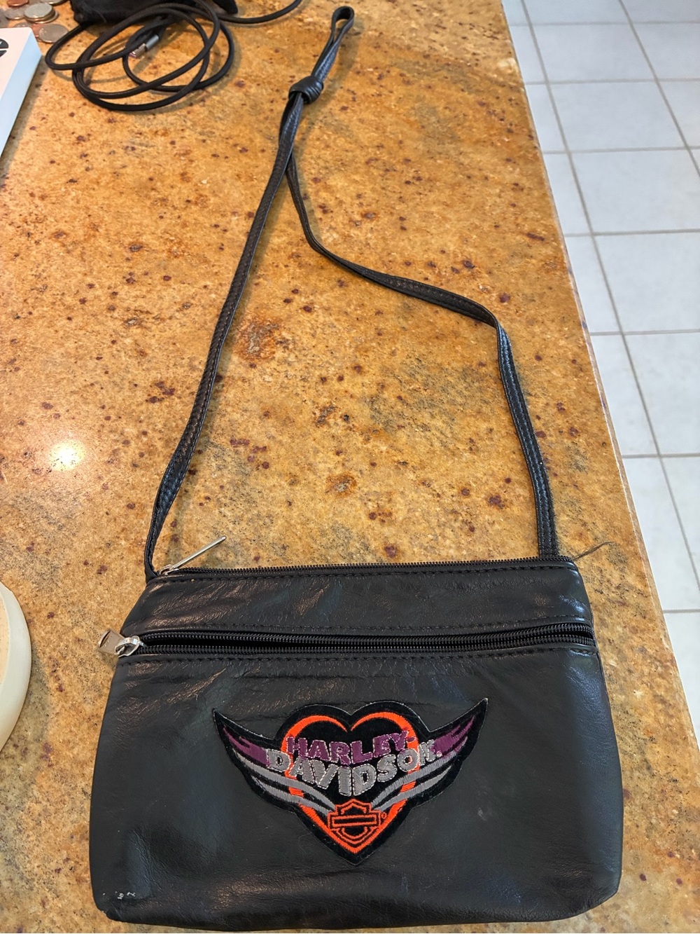 Harley-Davidson Black Leather Crossbody with Colorful Heart Patch